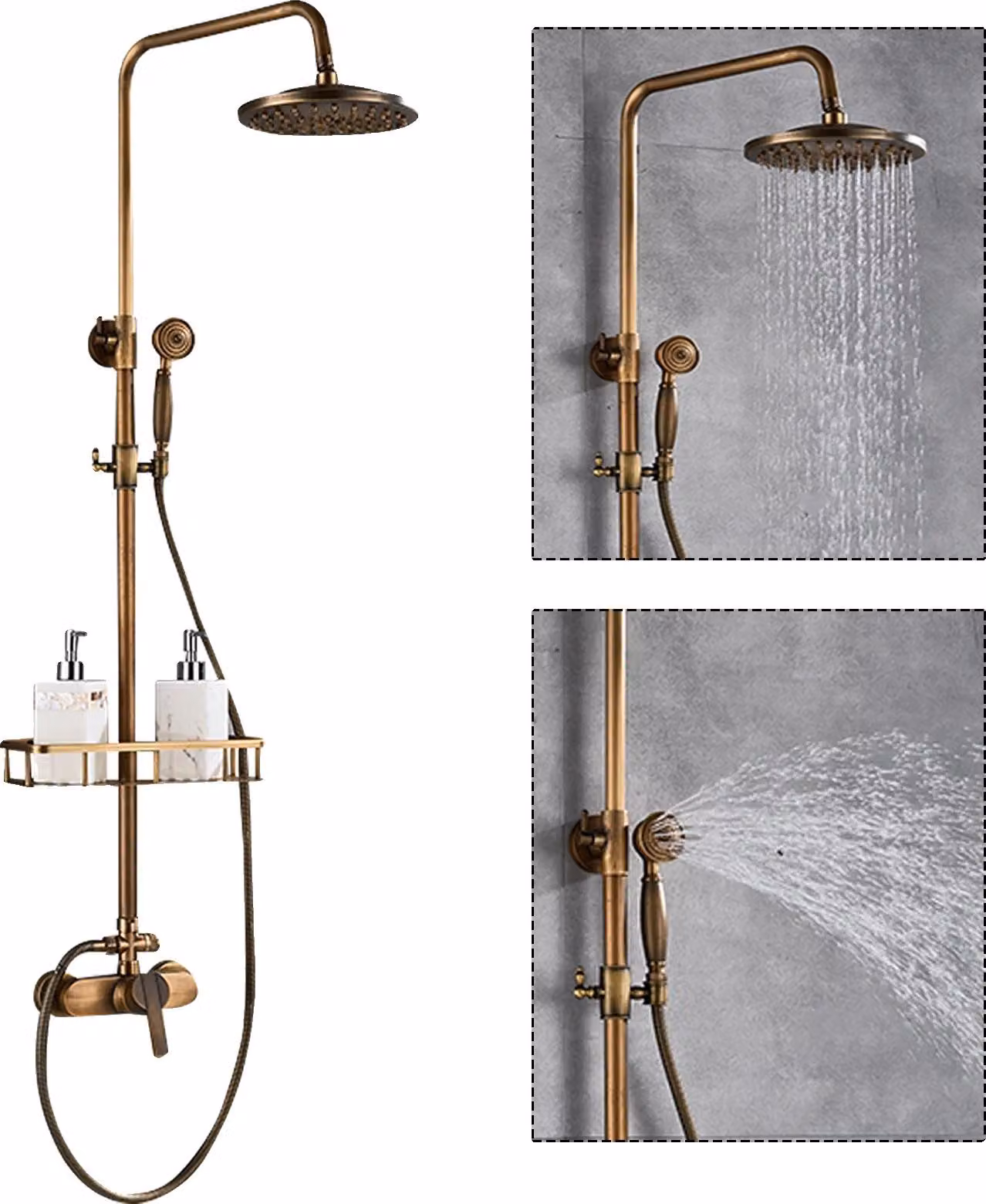 Set doccia, materiale in ottone, altezza rubinetto regolabile 75-120 cm, doccetta inclusa, opzioni doccia doppia, soffione da 8 pollici