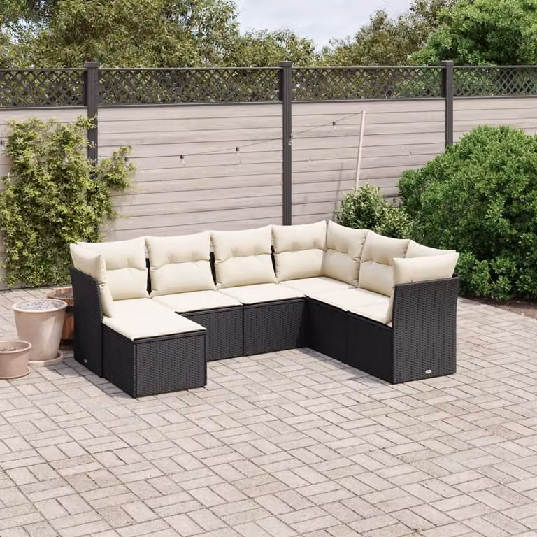 vidaXL Set Divani da Giardino a L con Cuscini 7pz Nero e Bianco in Polyrattan e Metallo