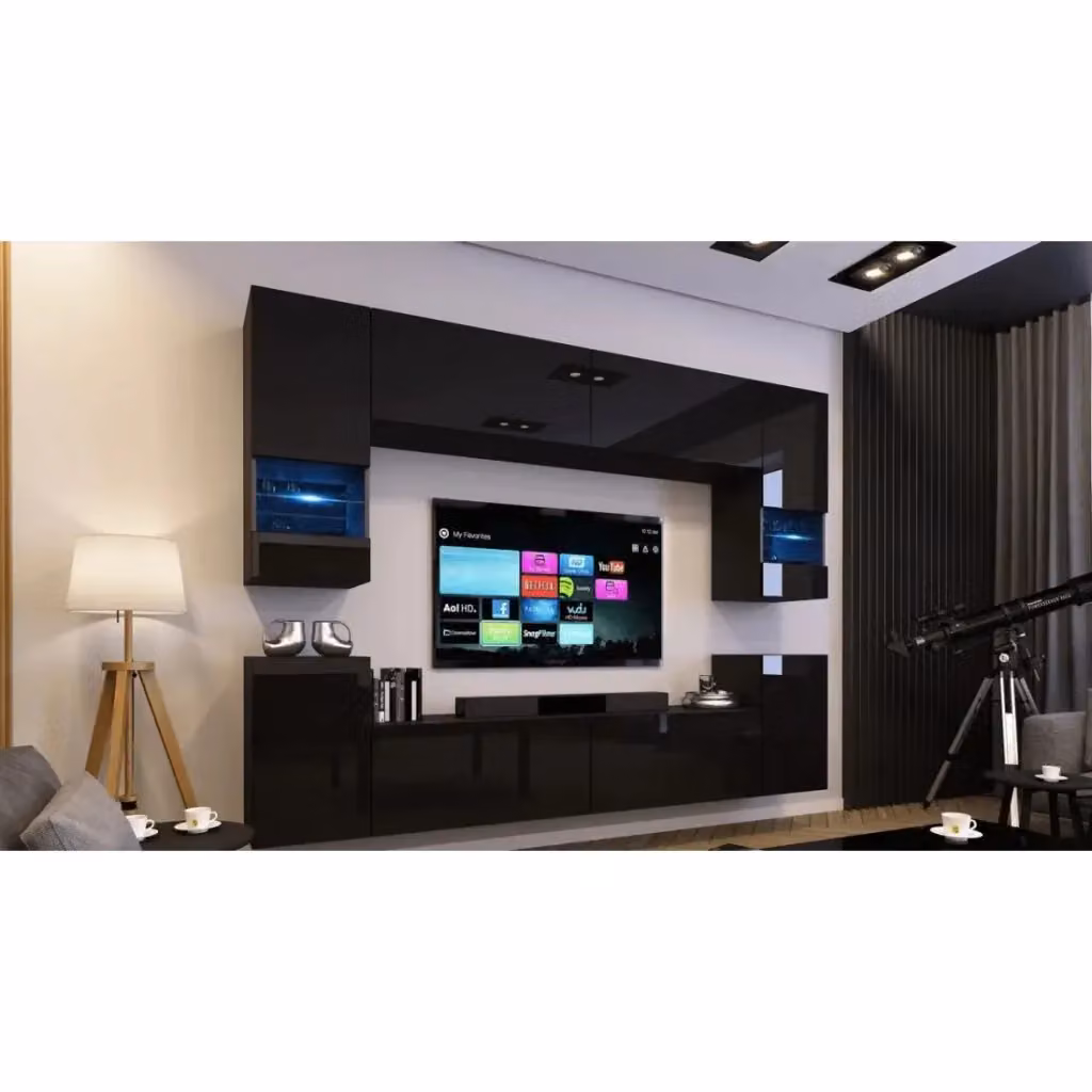 Set di mobili da salotto sospesi Meublorama collezione CEPTO XXVII nero, composto da 8 moduli con illuminazione LED integrata, L: 240 cm – 2