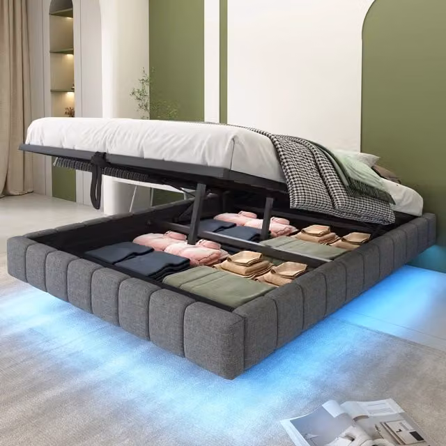 Letto contenitore matrimoniale 140 × 200 cm, sollevamento idraulico e LED regolabile, senza materasso, lino grigio