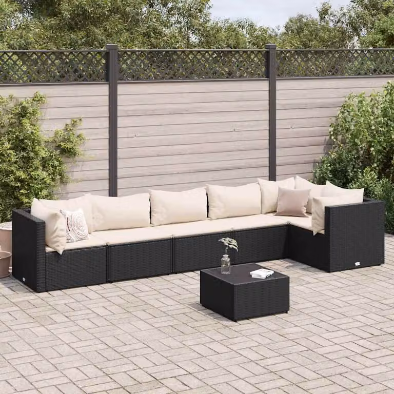 Set Salotto da Giardino vidaXL a Forma di L con 7 Cuscini, Tavolino e Struttura in Metallo Nero e Bianco