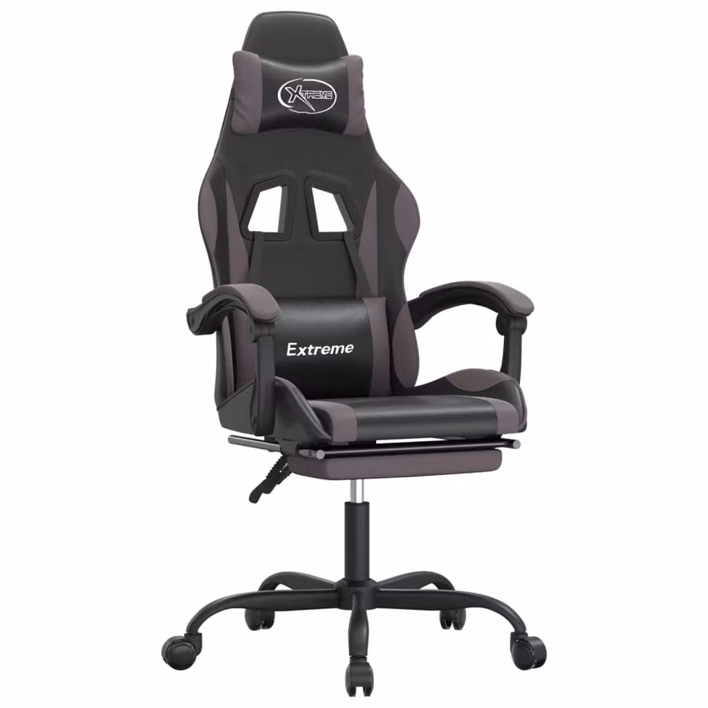 Sedia da Gaming Girevole Poggiapiedi Nero e Grigio Pelle finta