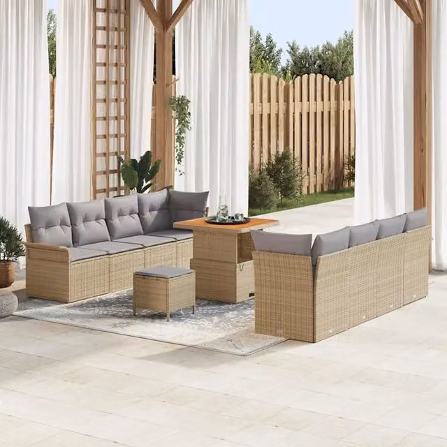 Set Divano da Giardino vidaXL 11 Pezzi a Forma di U Beige con Cuscini e Tavolino