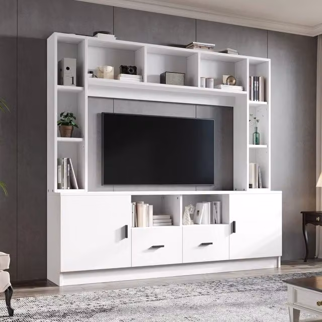 Parede TV 180x35x170 cm bianca con vetrina, mensola TV e ripiano. Include 2 armadi, 2 cassetti, 11 vani portaoggetti. Per TV fino a 60