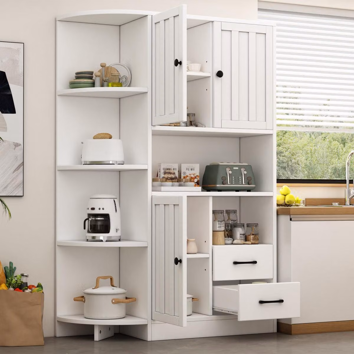 Armadio ad angolo 104x35x155 cm, bianco, con ante, cassetti e 14 scomparti