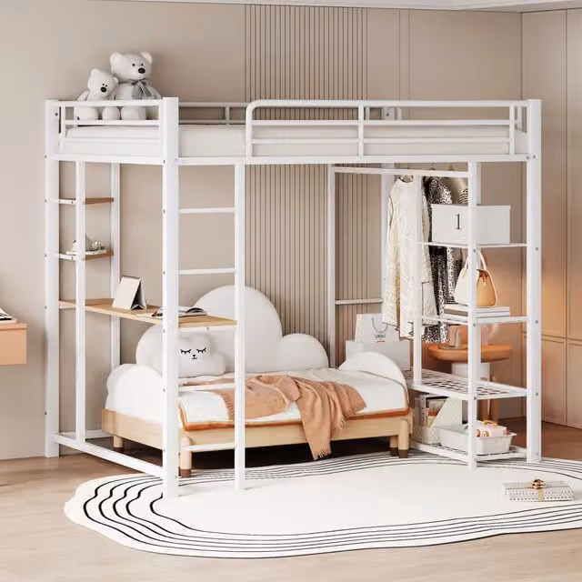 Letto a soppalco Mivray bianco con scrivania, appendiabiti, ripiani e scala in metallo, L/P/H: 140 x 200 x 204 cm