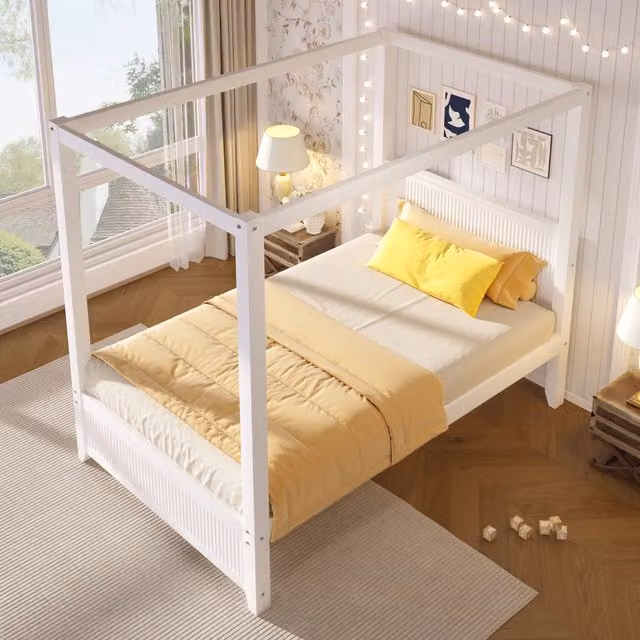 Letto a baldacchino 90x200 cm; struttura in legno massello e MDF; testiera e pediera a doghe verticali; bianco