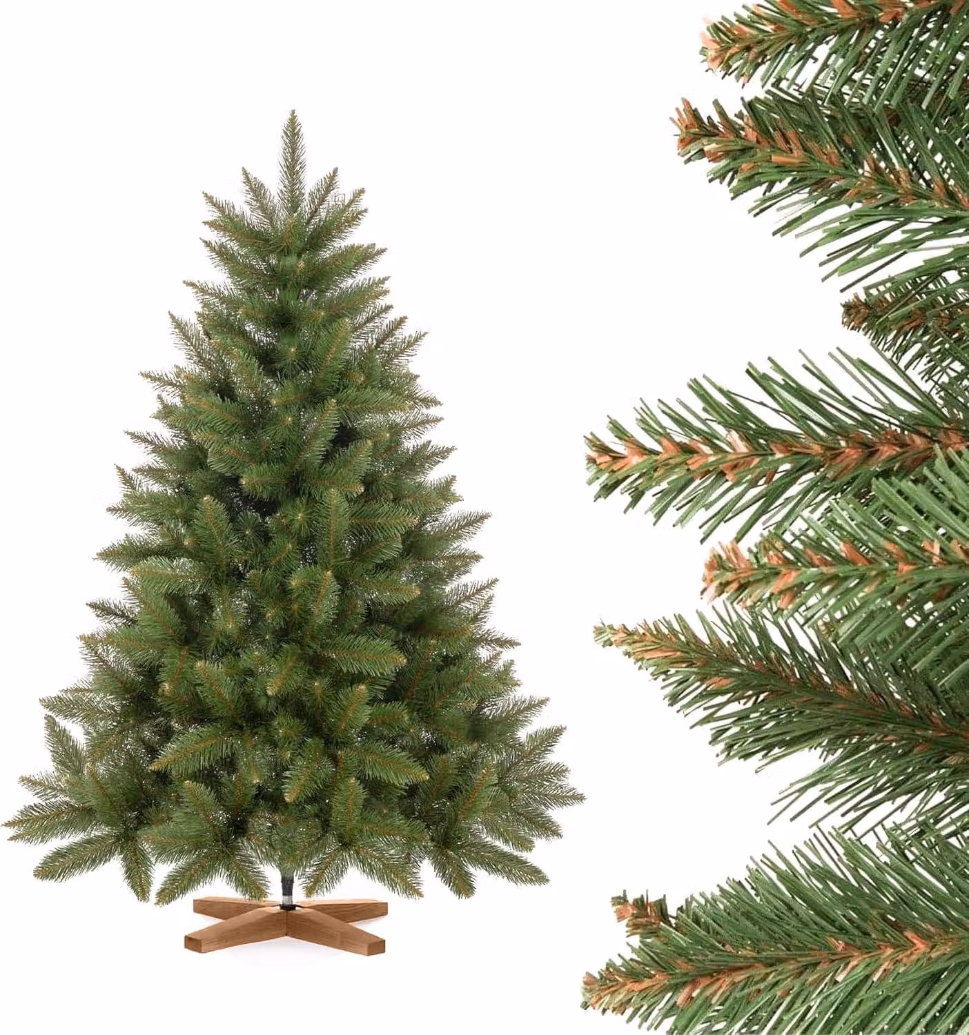 Albero di Natale artificiale FairyTrees 120cm Abete Rosso/Peccio naturale con supporto in legno | Abete di Natale artificiale con tronco verde | Facile da Montare | Prodotto in EU