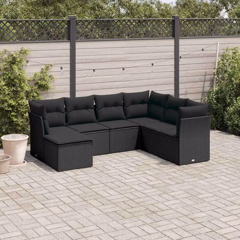 vidaXL Set Divano da Giardino a Forma di U in Polyrattan Nero con 7 Cuscini e Ottoman