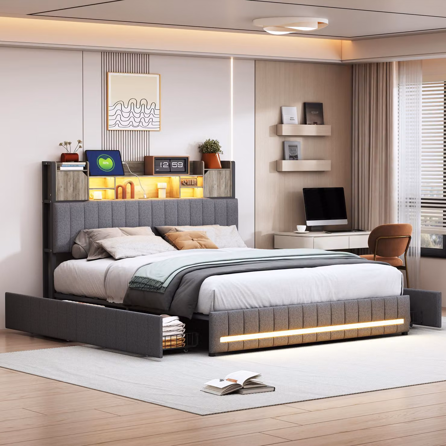 Letto (140 x 190 cm) con testata LED e USB, 4 cassetti, rete a doghe, rivestimento in lino, grigio