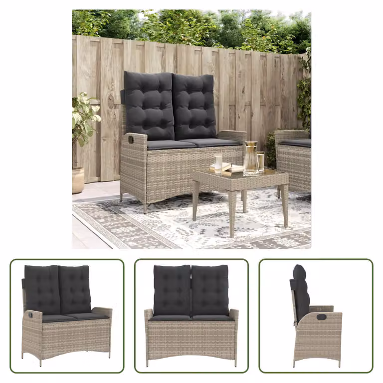 The Living Store Panca da giardino regolabile con cuscino Grigio chiaro in Poly Rattan