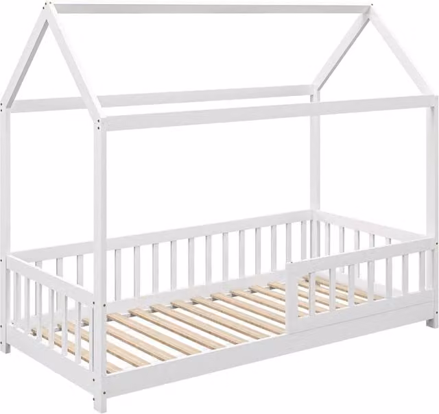 Struttura Letto per Bambini a Forma di Casetta con Doghe e Recinzione, in Legno di Pino, 96x195x165 cm, Bianco