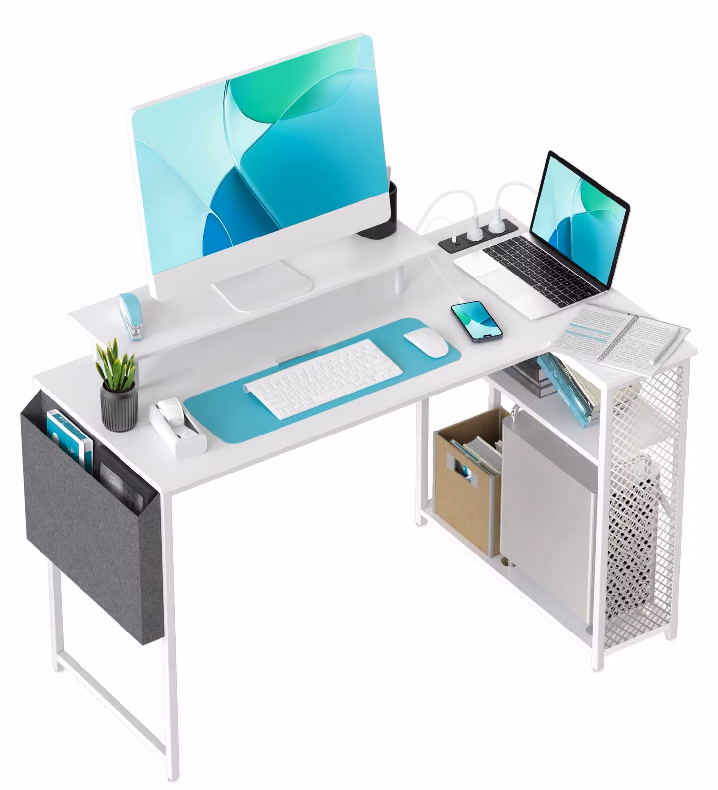 Scrivania per computer - Scrivania angolare a forma di L - 120 x 70 + 50 x 75 cm - Struttura in metallo - 2 ripiani - Regolabile in altezza - Supporto per monitor - Adatta per ufficio e gaming