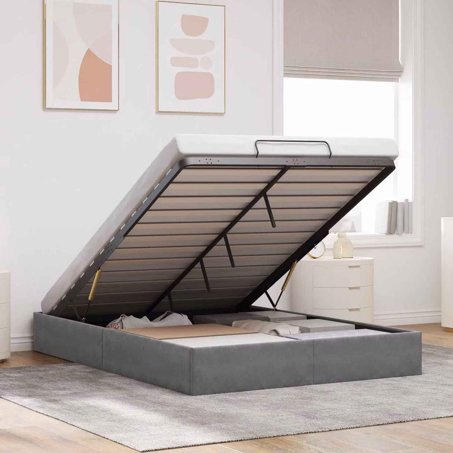 Letto ottomano vidaXL in velluto grigio con contenitore, L/P: 140 x 190 cm