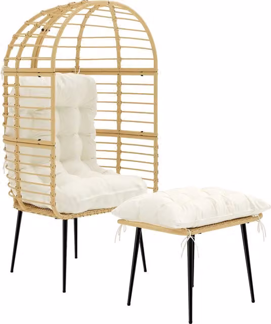 Poltrona da giardino Outsunny a forma di uovo con poggiapiedi, poltrona a cesta in rattan e metallo con cuscini spessi, beige