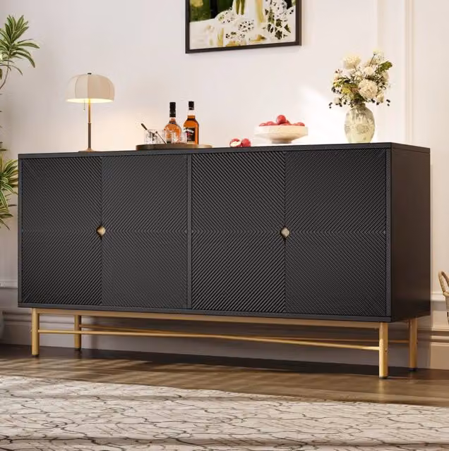 Buffet Nero 160x40x82 cm con 4 Ante, Maniglie Dorate Spazzolate e Gambe Lucide