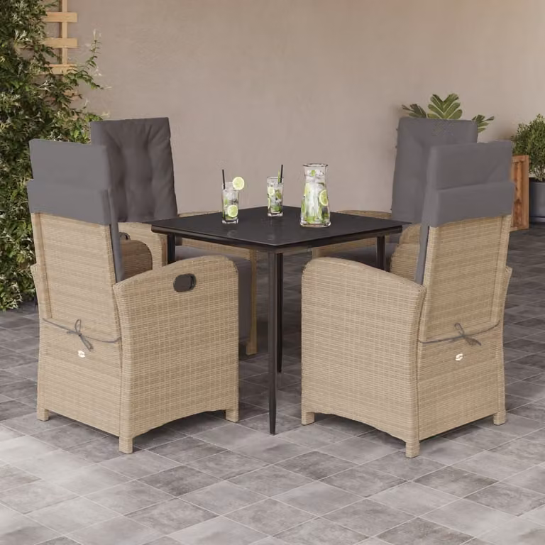 Set da Pranzo da Giardino vidaXL in Polyrattan con Cuscini Beige e Tavolo in Vetro 5 pz
