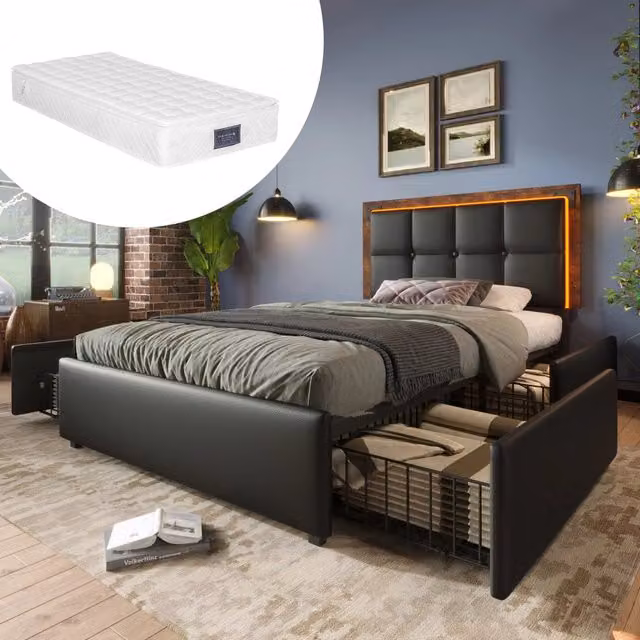 Letto singolo 90 × 200 cm con 4 cassetti LED testiera regolabile imbottita in PU nero con rete a doghe