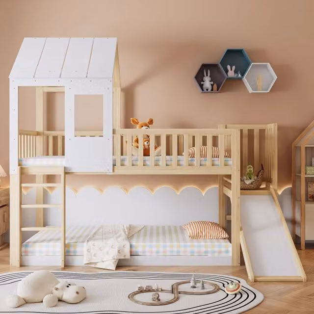 Letto a castello con scivolo e tetto naturale e bianco legno di pino 90x200 cm