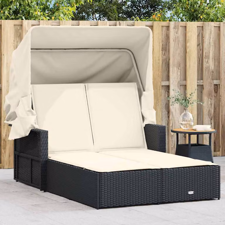 vidaXL Lettino Prendisole Doppio con Baldacchino e Cuscini in Polyrattan Nero