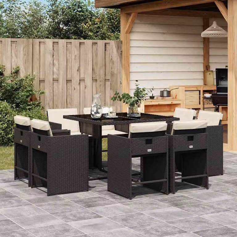 Set da pranzo da giardino vidaXL in polyrattan nero con cuscini e piano in vetro per 9 persone