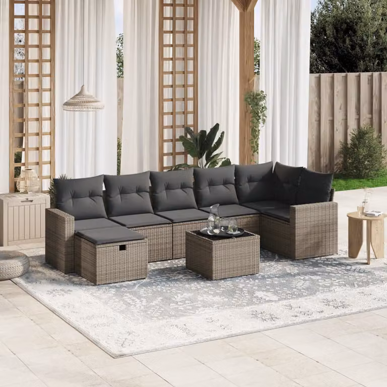 vidaXL Set Divano da Giardino a L 8 pz con Cuscini Grigio in Polyrattan e Struttura in Acciaio