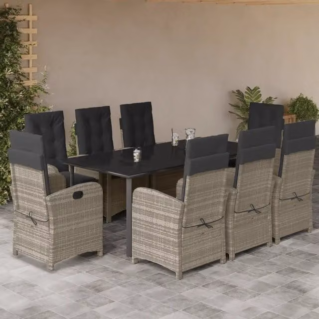 Set da pranzo da giardino vidaXL in polyrattan con tavolo in vetro e 9 pezzi, colore antracite – 1