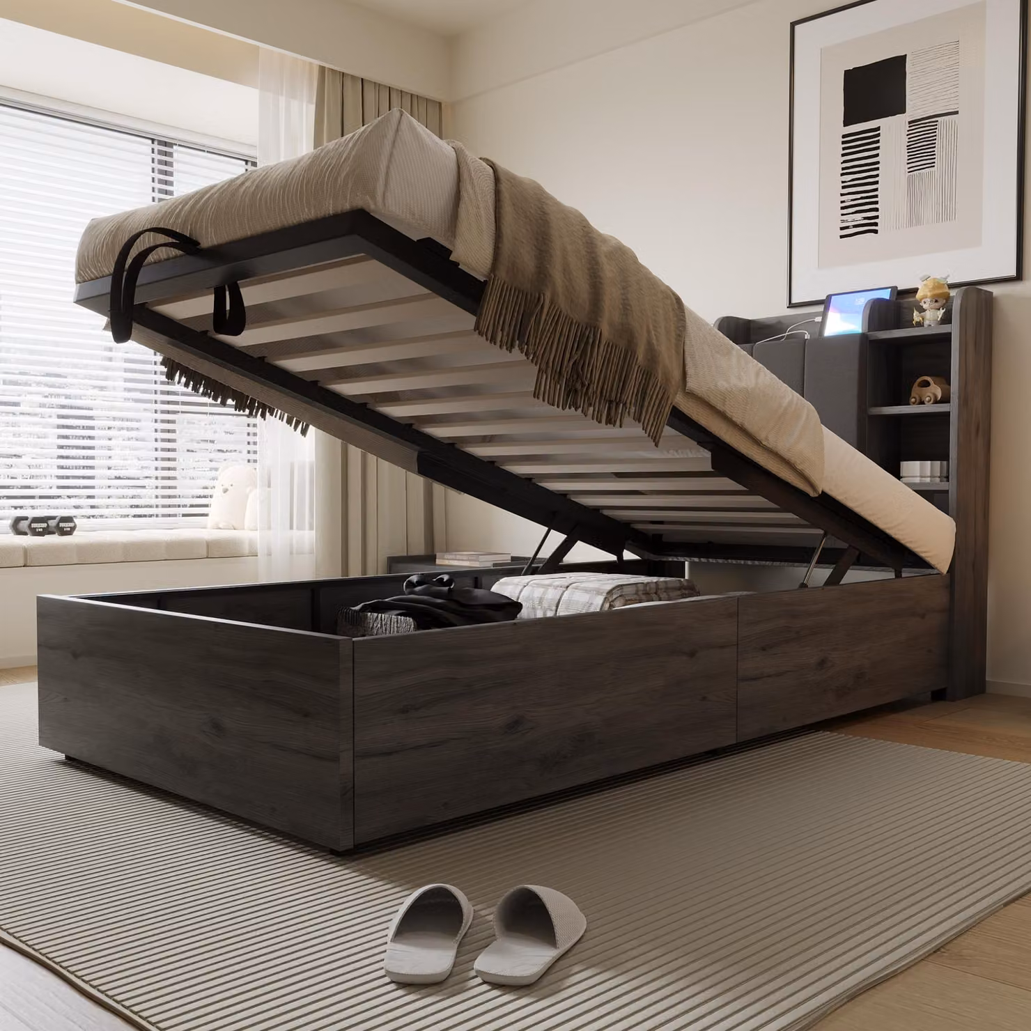 Letto in legno 90 x 200 cm con cassone contenitore a sollevamento idraulico, vani portaoggetti nella testata, schienale imbottito e prese USB/Tipo-C, colore grigio, senza materasso