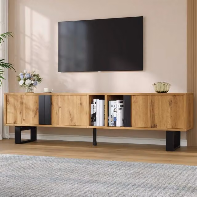 Mobile porta TV con 3 ante 2 vani aperti passacavi e piedini in ferro per soggiorno in MDF naturale 160 × 40 × 50 cm