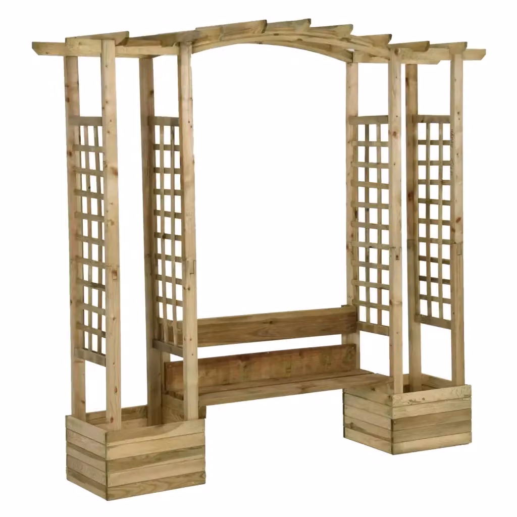 Pergola da Giardino con Panca e Vasi in Legno di Pino Massello vidaXL, Marrone e Verde, L: 230 cm, P: 198 cm, H: 60 cm – 2