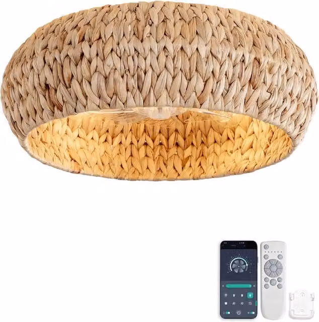 Ventilatore a incasso da 19 pollici con luce LED e pale in ABS effetto rattan beige, reversibile con 6 velocità, controllo tramite app e telecomando