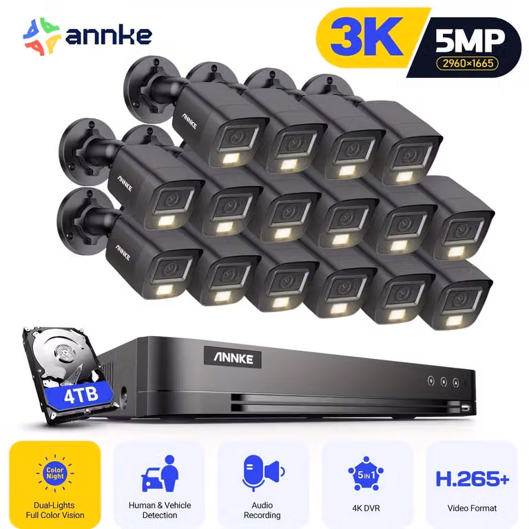 Sistema di sicurezza a 16 canali con microfono, telecamere da 3K, rilevamento tramite intelligenza artificiale, visione notturna a doppio colore e hard disk da 4TB
