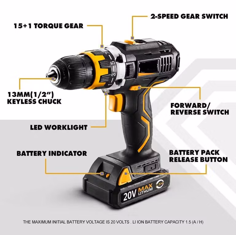 Trapano avvitatore a batteria - Motore brushless - 20V Max - Coppia di 42Nm - Include batteria e caricabatterie - Colore: nero e giallo