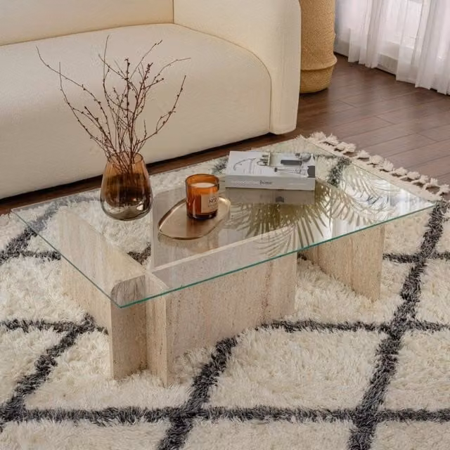 Rhysand, Tavolino da Salotto DMORA in Marmo Beige, L/P/H: 105 x 65 x 30 cm