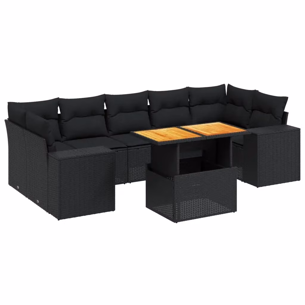 Set di divani da giardino vidaXL a forma di L con cuscini e tavolino, 8 pezzi in polyrattan nero con struttura in legno di acacia e metallo – 2