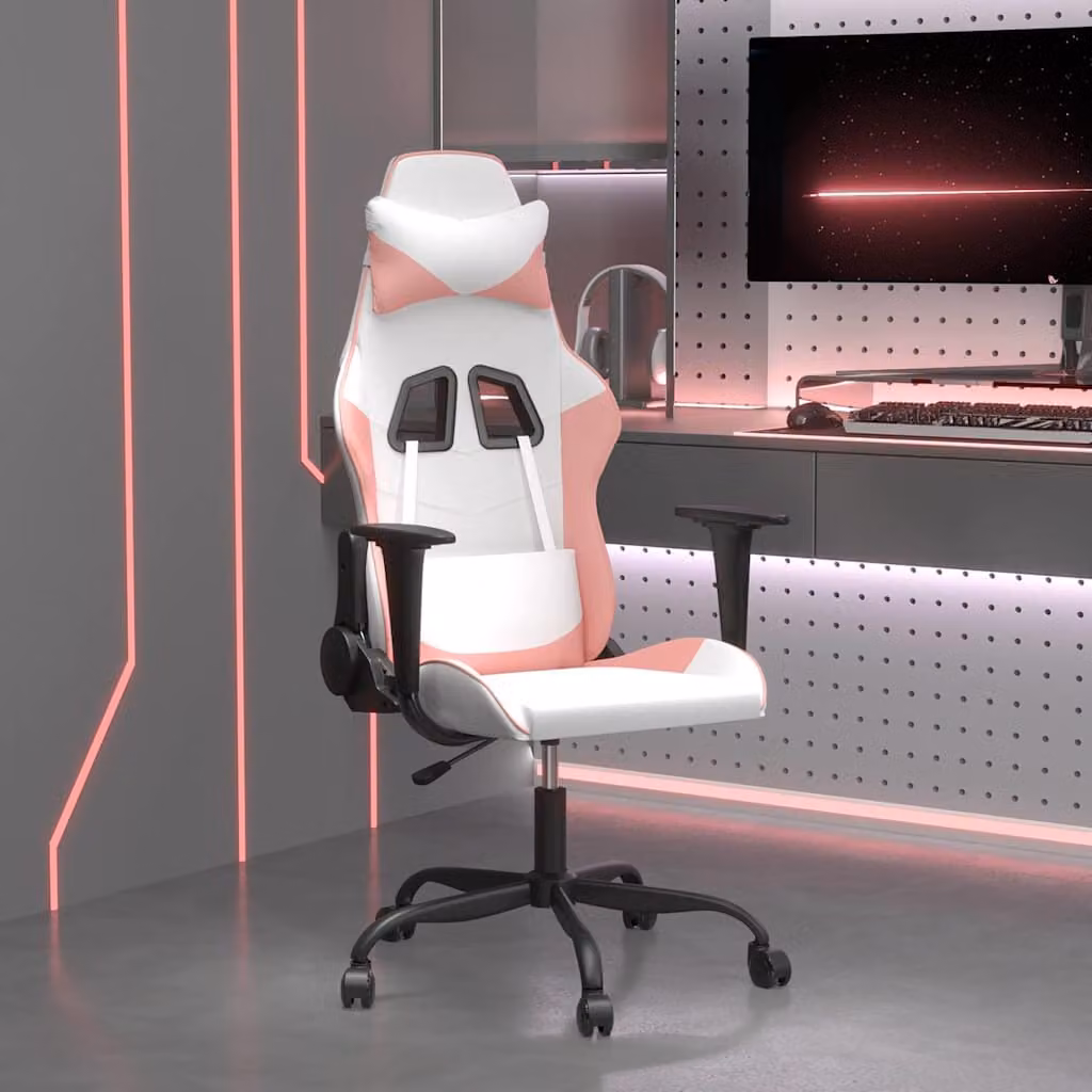 Sedia da Gaming vidaXL Bianco e Rosa in Similpelle con Braccioli e Ruote, Ruotabile a 360 Gradi