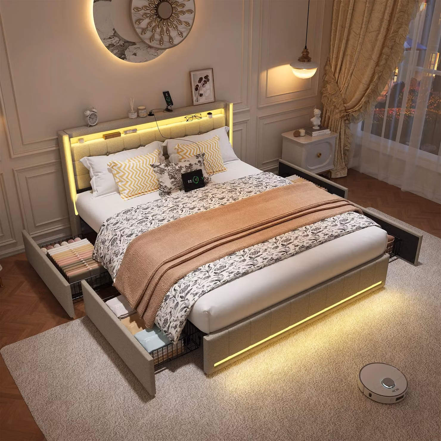 Letto matrimoniale imbottito con contenitore e 4 cassetti - Dimensioni 180 x 200 cm - Illuminazione LED e funzione di ricarica USB - Rivestimento in lino - Colore beige