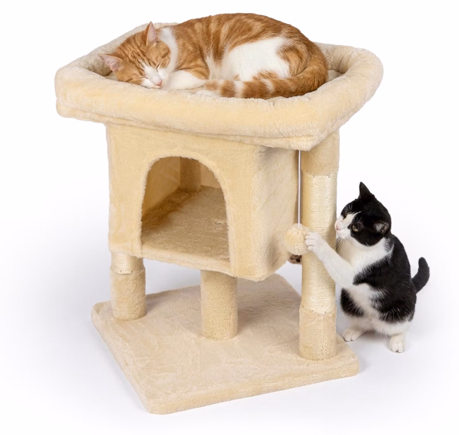 Albero per gatti Relaxdays, con cuccia, 2 pali in sisal e area relax, cuccia morbida, dimensioni: 60x52,5x41 cm, materiale: sisal, colore: beige