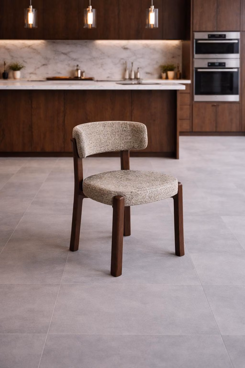 Sedia da pranzo moderna, color marrone, con seduta imbottita realizzata in materiale composito di legno