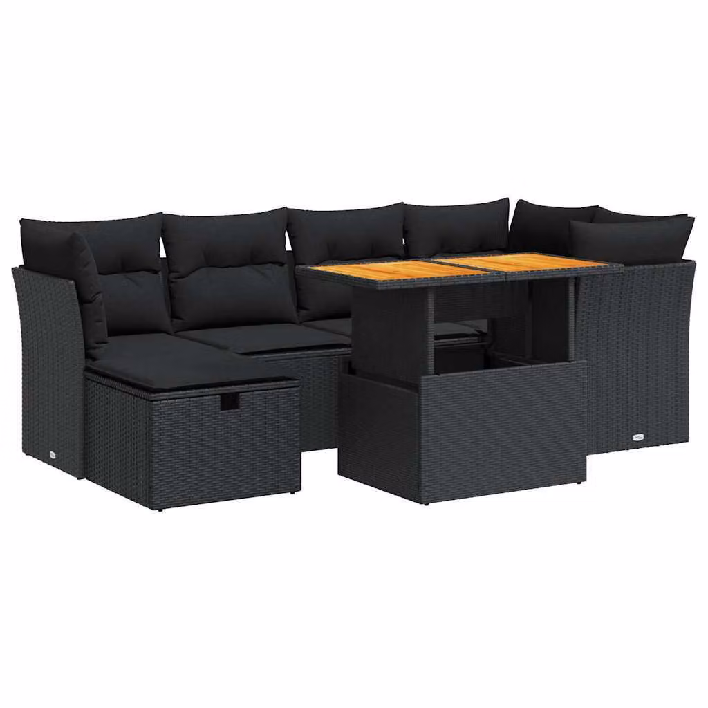 Set Divani da Giardino con Cuscini 7pz Nero Polyrattan Acacia