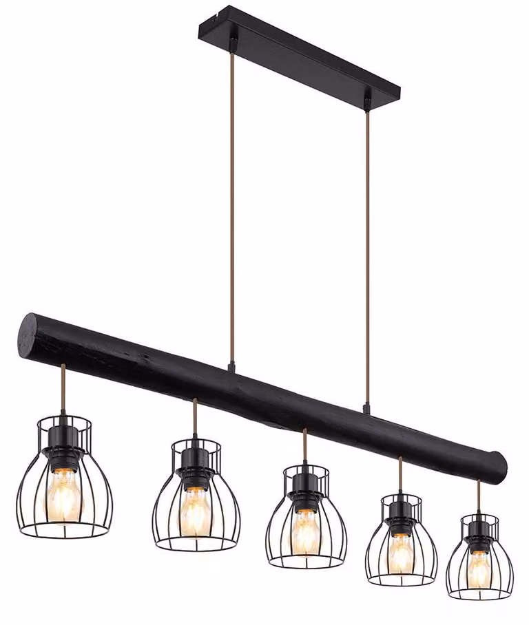 Lampada a sospensione, trave, naturale, griglia, nero opaco, H 140 cm