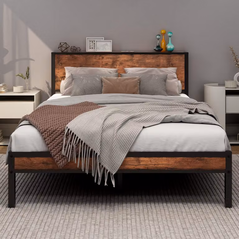 Struttura per letto matrimoniale con piano contenitore in legno, finitura rovere nero e marrone, dimensioni 190,5 x 135 x 91 cm