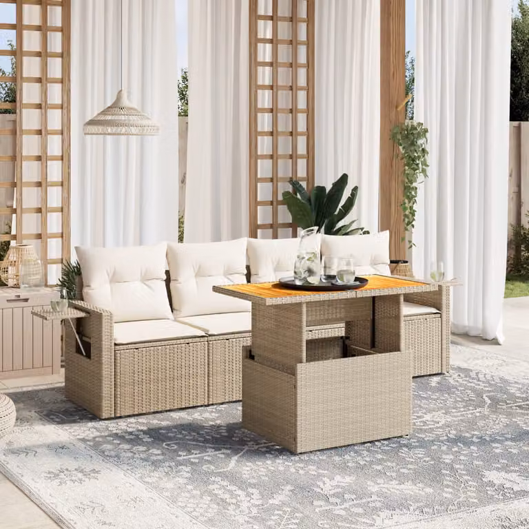 vidaXL Set Divano da Giardino 5 pz in Polyrattan con Cuscini Beige e Tavolino Moderno