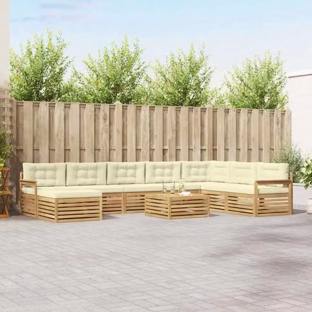 Set di divani da esterno a L vidaXL in legno di acacia con cuscini Bianco e Beige