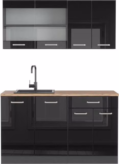 Cucina monoblocco R-Line Nero lucido/Antracite 140 cm, PL Rovere Vicco