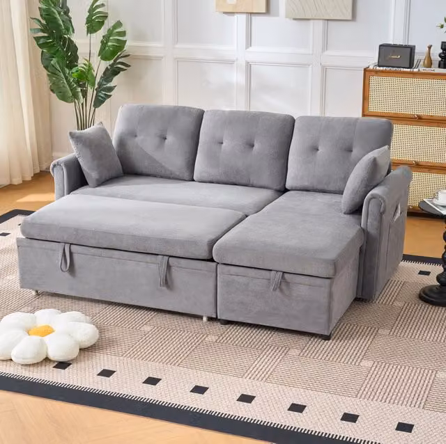 Divano angolare 206x130 cm grigio in ciniglia; letto 180x124 cm e vano contenitore
