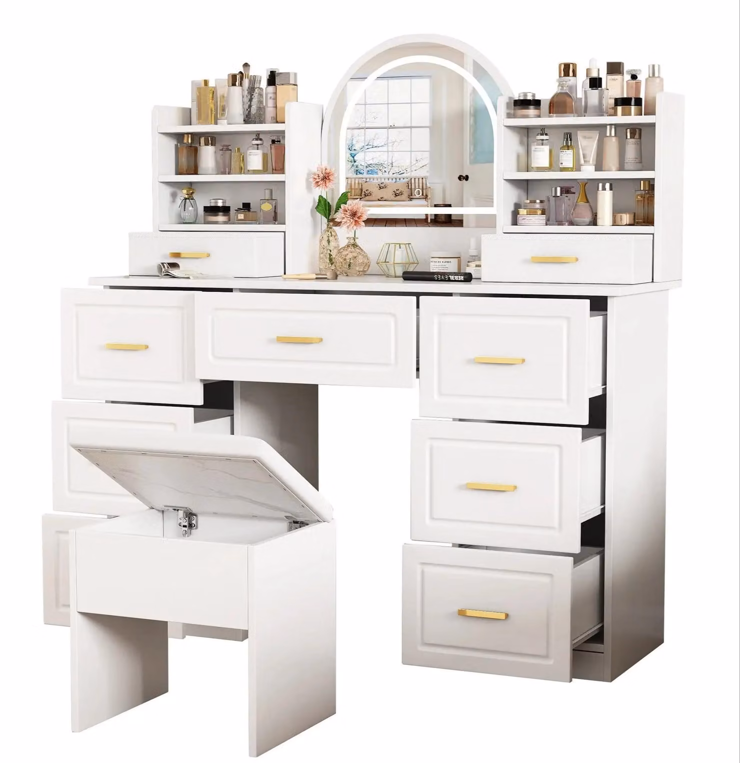 Tavolino da trucco - Specchiera da trucco - Tavolino da bellezza - Comodino da trucco - 9 cassetti - Illuminazione a LED - Materiale resistente