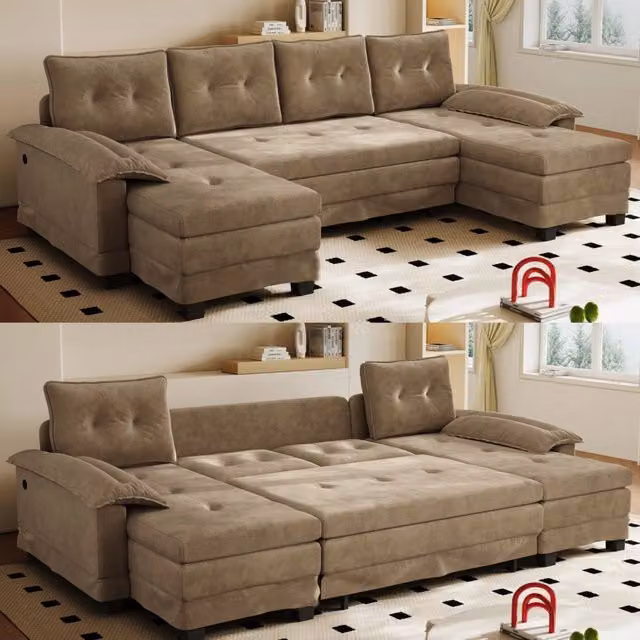 Divano letto modulare a U 278 cm in ciniglia khaki con USB HOMVRA