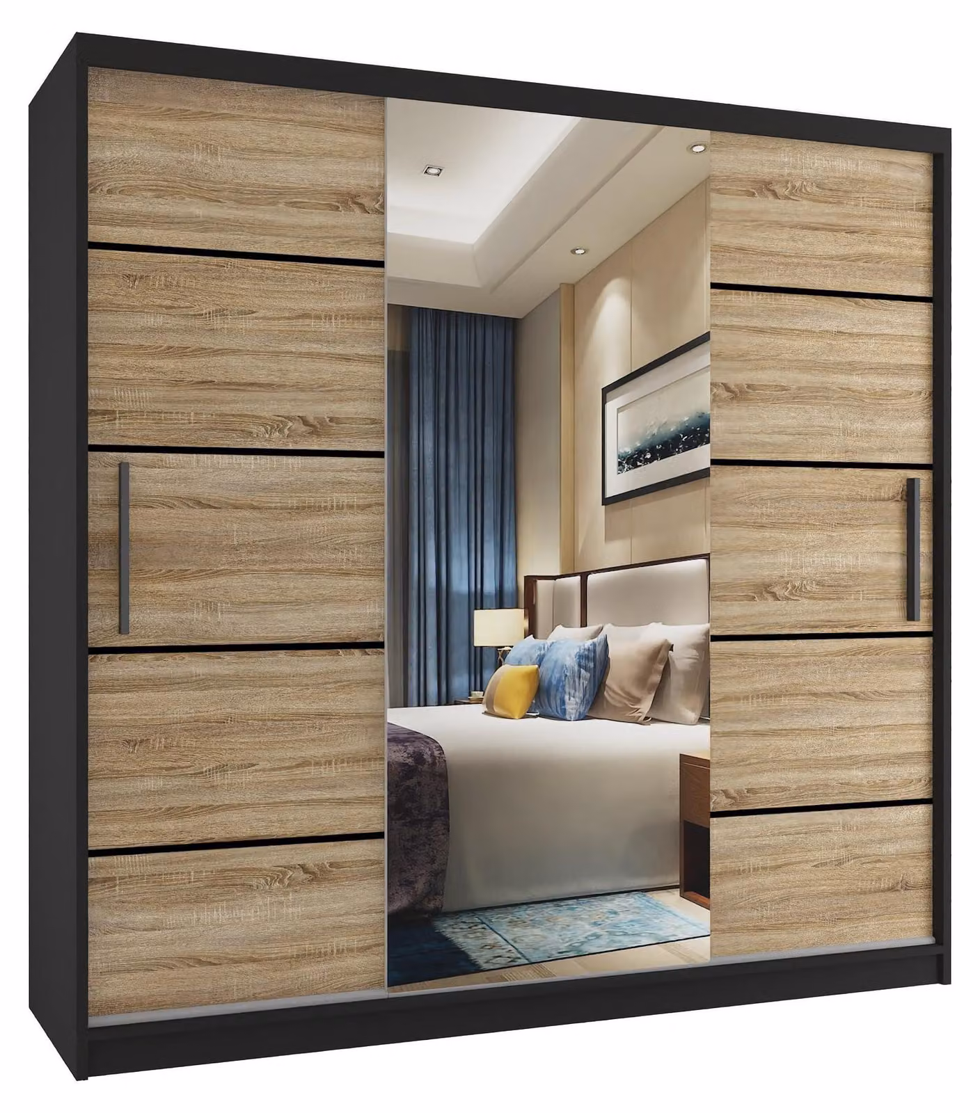 BELINI Verona, armadio scorrevole da 200 cm, nero/effetto legno noce sonoma opaco - armadio con specchio e 4 cassetti, ideale per la camera da letto