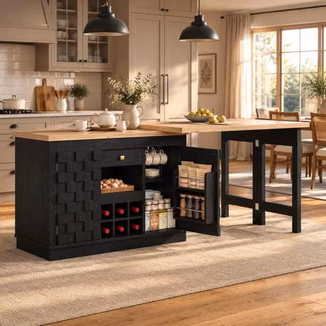 Isola cucina ULEVR girevole 120-197x40x74,2 cm con piano estensibile, cassetto e portabottiglie removibile, nero